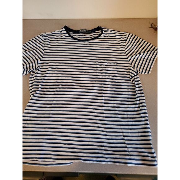 Polo Ralph Lauren Shirt Mens Sz XL Blue Black Stripe Short Sleeve Orange Pony‎ - Picture 1 of 4